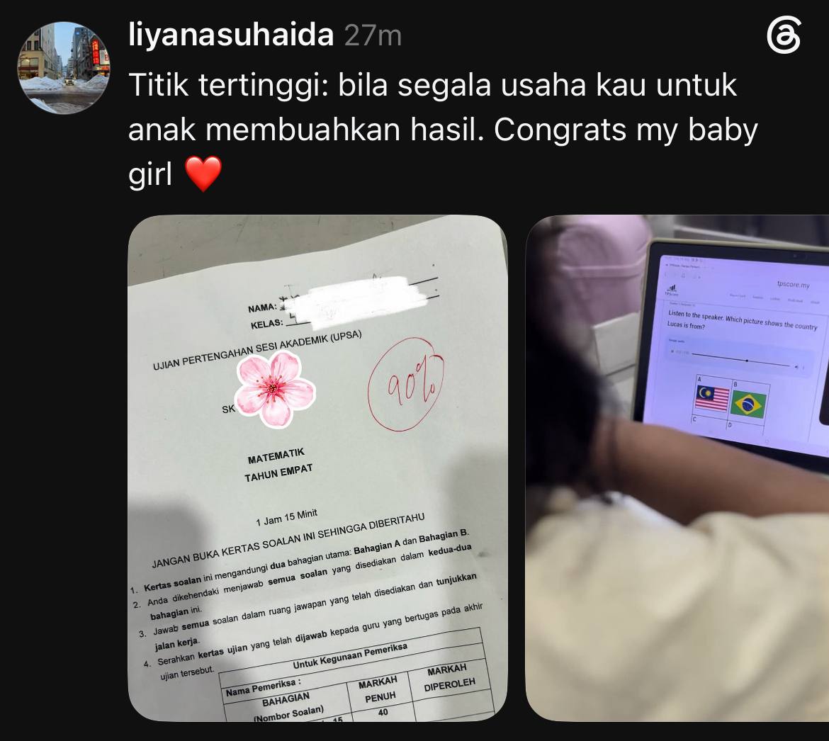 Testimonial ibu bapa tentang keputusan peperiksaan 90 peratus dan penggunaan TPScore