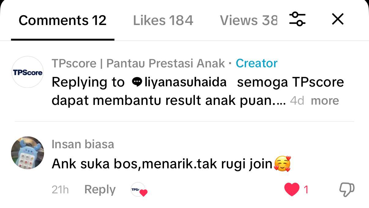 Testimonial ibu bapa tentang anak yang suka menggunakan TPScore
