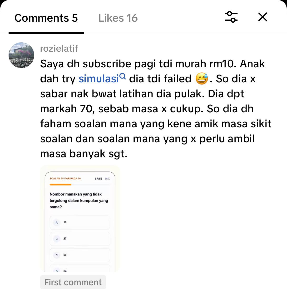 Testimonial ibu bapa tentang langganan TPScore dan latihan simulasi
