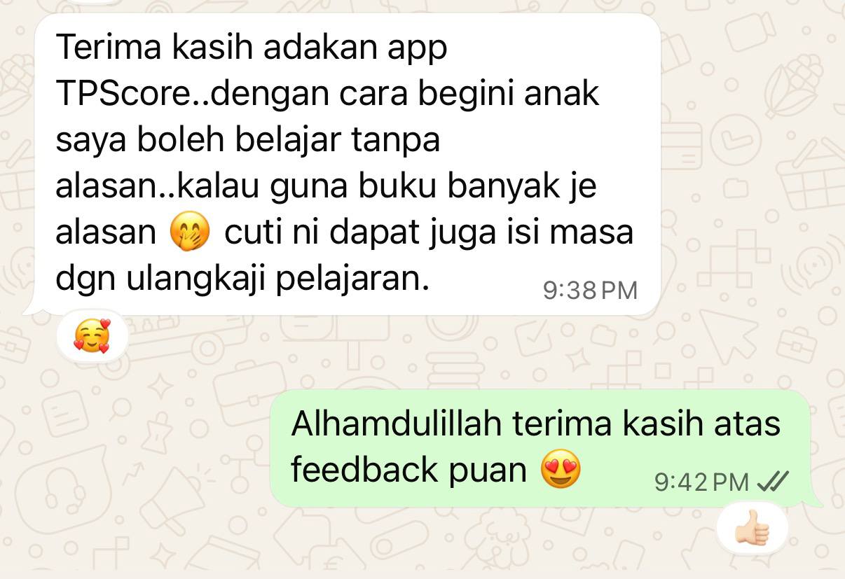 Testimonial WhatsApp ibu bapa tentang aplikasi TPScore