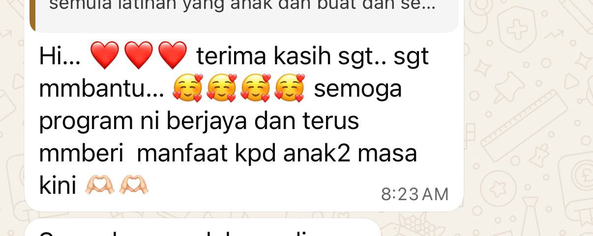 Testimonial WhatsApp ibu bapa tentang TPScore yang membantu