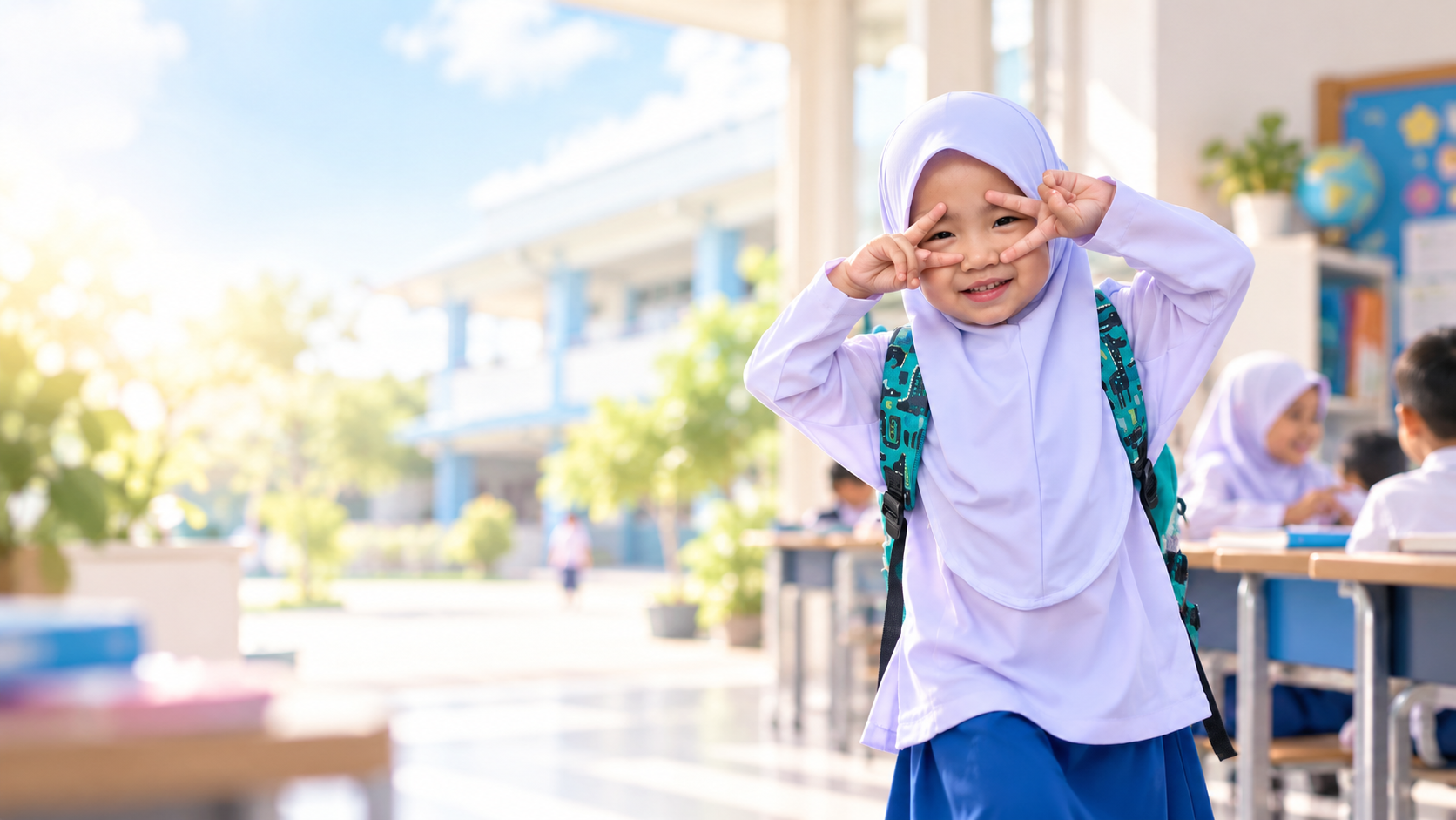 Murid sekolah tersenyum sambil membuat gaya tangan